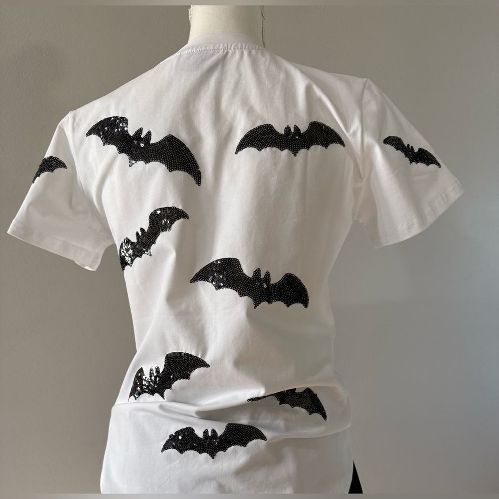 Sparkle City Flying Bat Tee - White with Black Bat Prints - Picture 3 of 4
